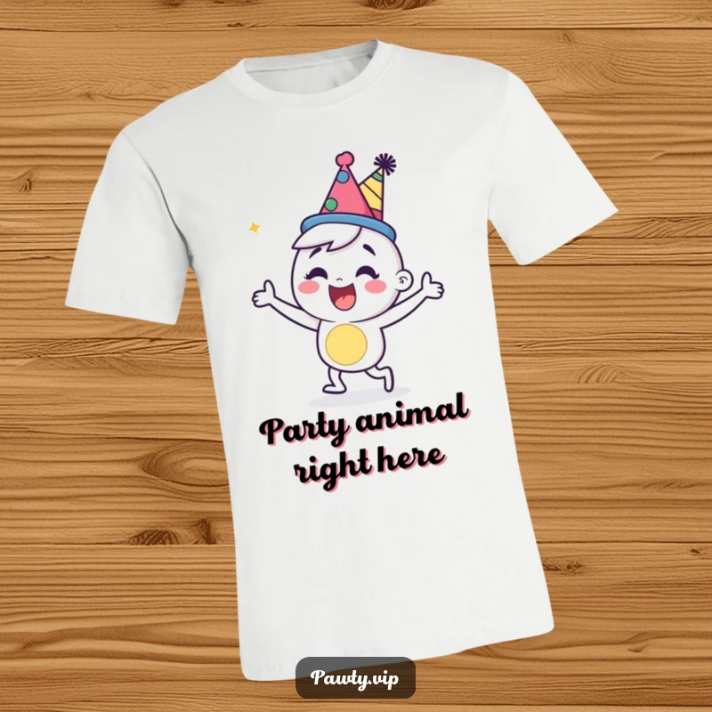 A happy cartoon character wearing a stylish party hat, dancing energetically on a fun t-shirt.
