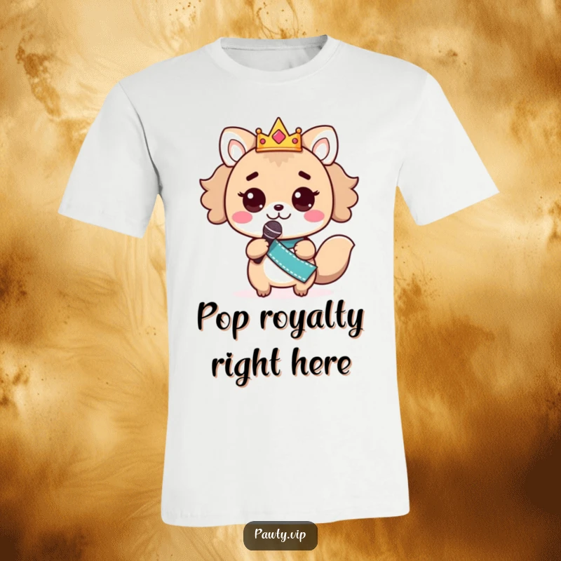 Funny kawaii animal character crowned and sashed, holding a microphone, ready for a performance on a funny t-shirt.