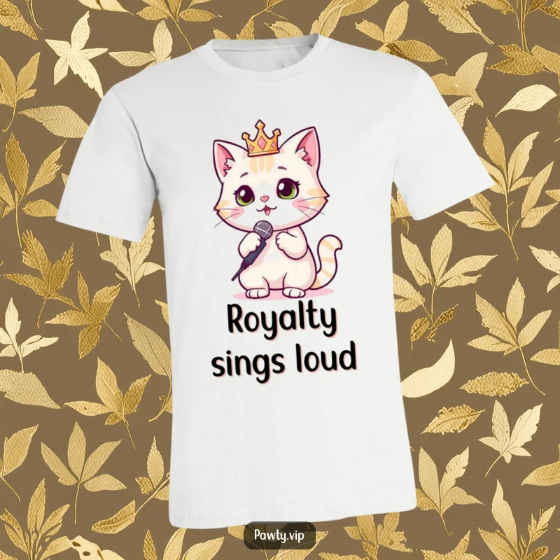 Funny Cat Diva T-Shirt showing a cat wearing a sparkly crown and holding a microphone, exuding star quality.