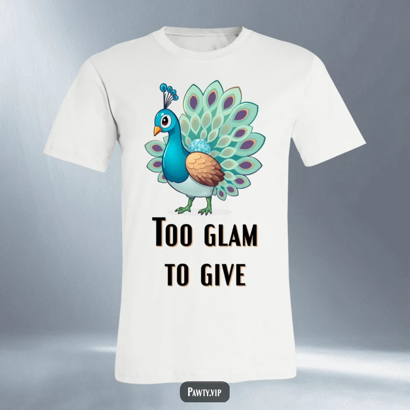 Funny Glitter Peacock T-Shirt featuring a glamorous bird fanning its tail feathers, adorned with shimmering glitter for a dazzling effect.