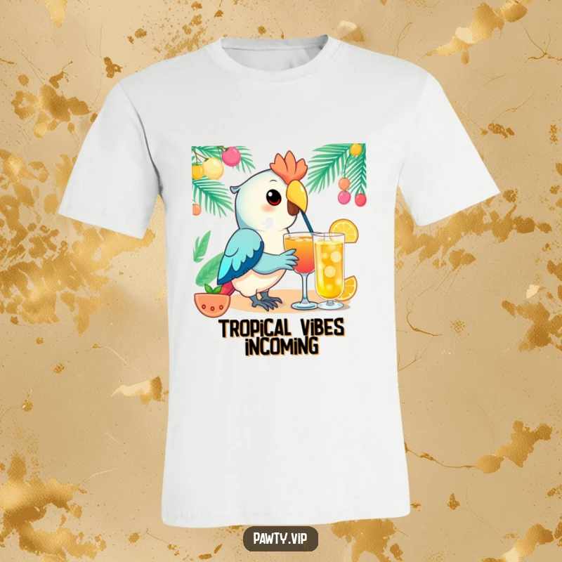 Funny Kawaii parrot t-shirt featuring an elegant parrot character enjoying a festive drink, perfect for expressing laid-back, jovial vibes.