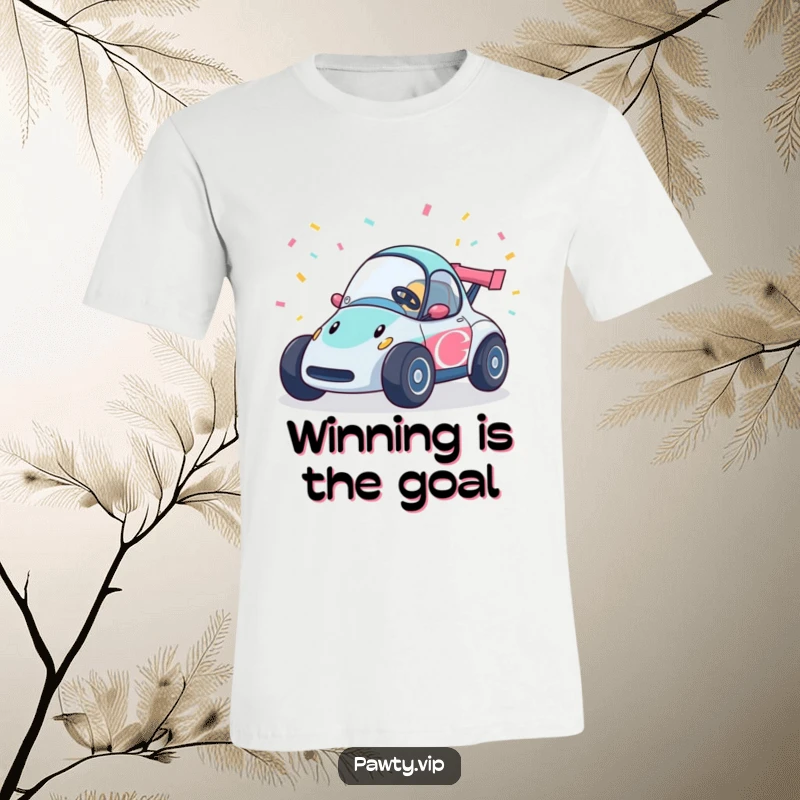 Funny race car t-shirt depicting a happy vehicle speeding with vibrant confetti streamers trailing behind, full of energy.