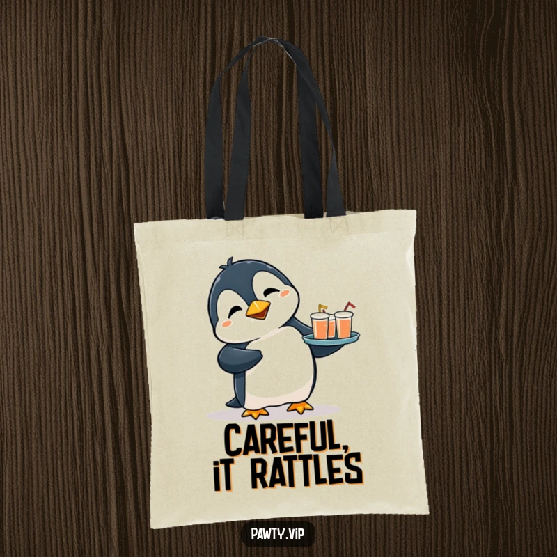 Funny tote bag showcasing a flustered penguin tripping while carrying a tray of drinks, perfect for carrying essentials with a humorous, clumsy touch.