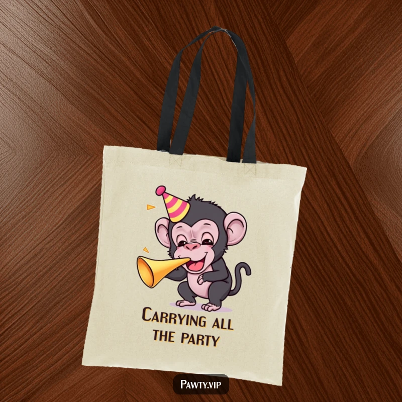 Funny Kawaii chimpanzee character blowing a party horn on a tote bag, ready for any celebration.