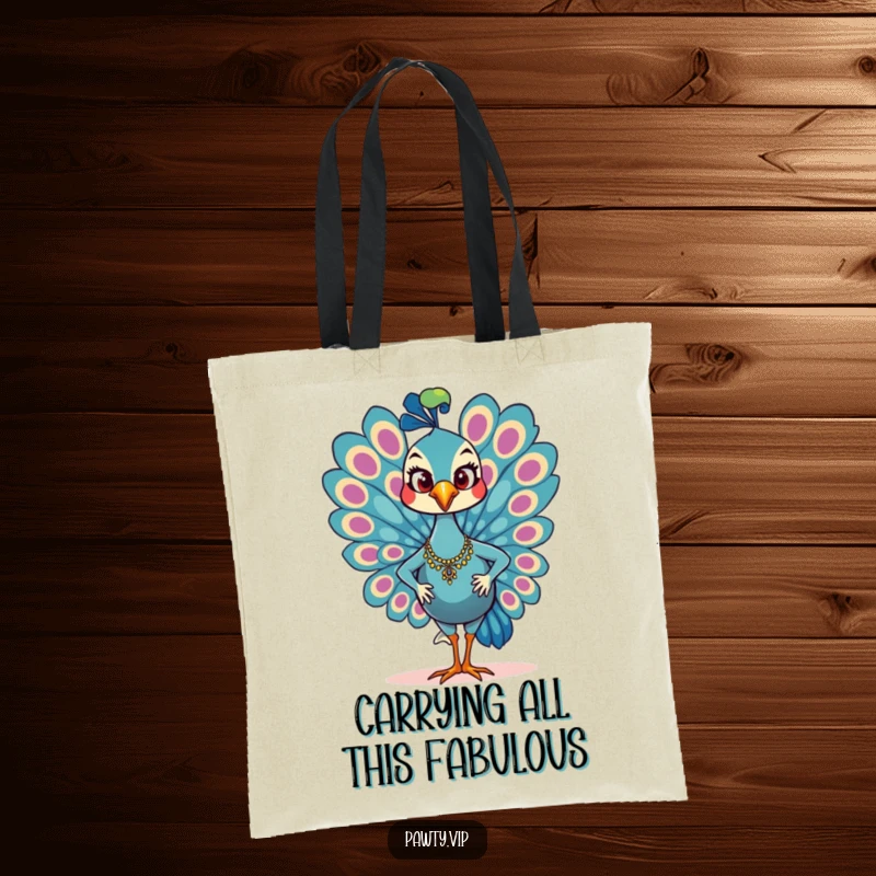 Funny Tote Bag showcasing a glamorous peacock character strutting with a confident smile, ready to carry your items.