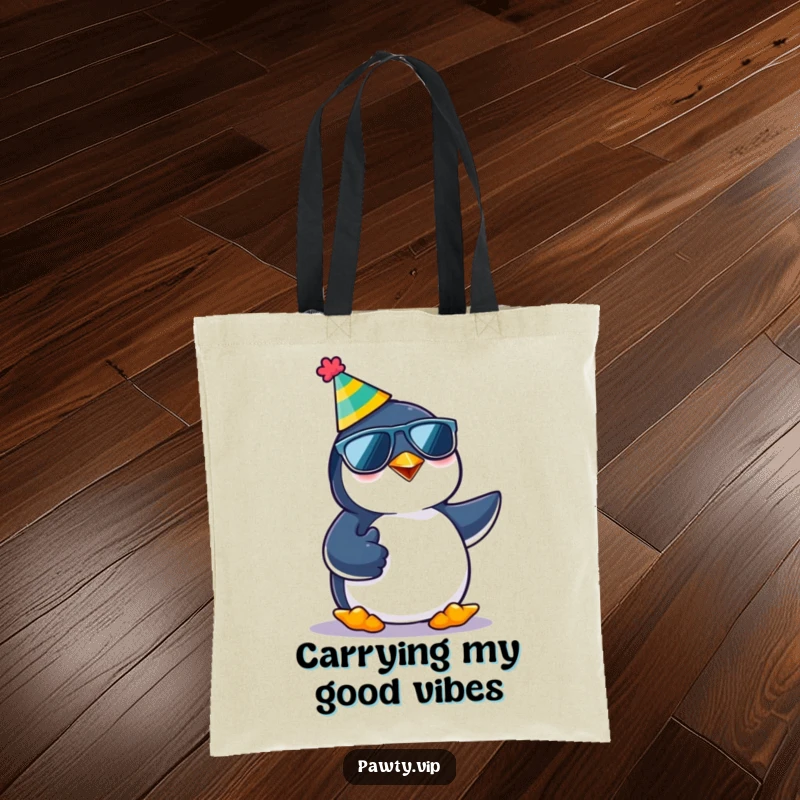 Funny kawaii penguin character wearing sunglasses and a party hat, giving a thumbs up, on a tote bag for humorous style.