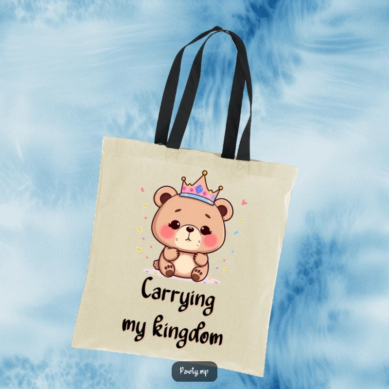Funny bear queen tote bag with a sparkly crown and confetti, ideal for stylish and humorous everyday use.