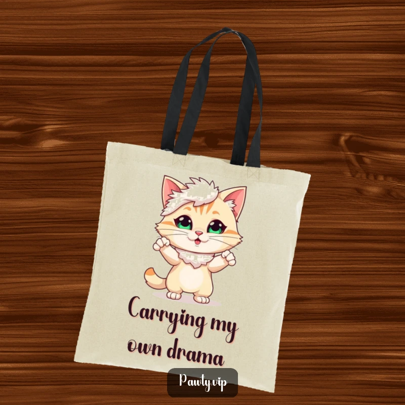 Funny Tote Bag featuring a cute cat character in a stylish feather boa, striking a confident and dramatic pose.