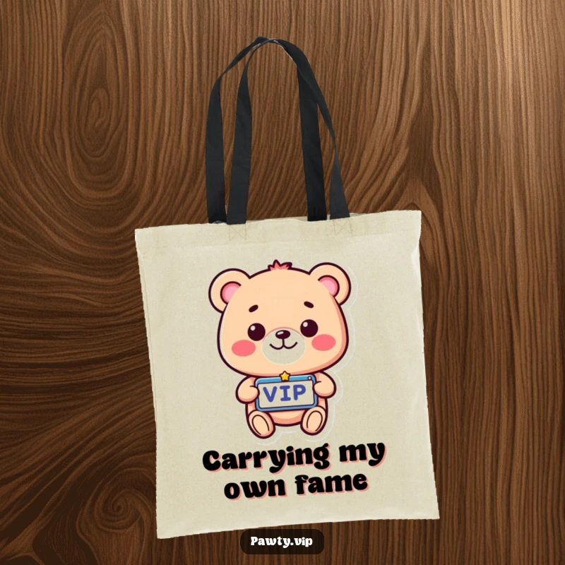 Funny VIP Bear Tote Bag featuring a beaming bear with a VIP pass, ideal for carrying essentials with a touch of humor.
