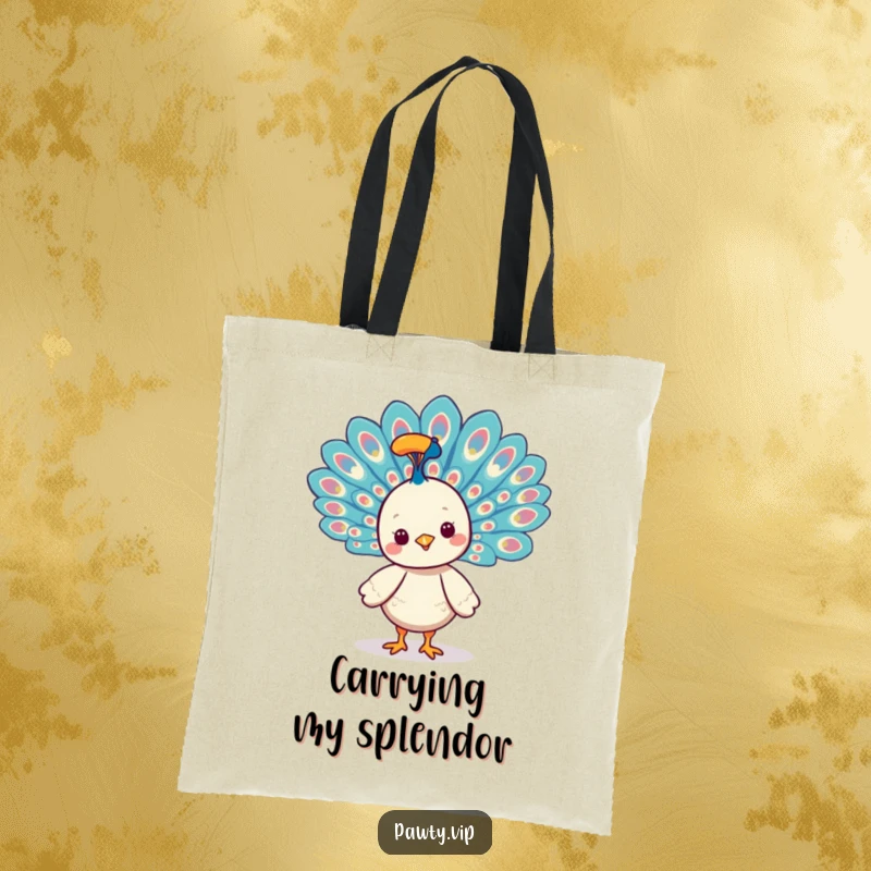 Funny Kawaii peacock character fanning its vibrant tail feathers on a tote bag, perfect for stylish outings.