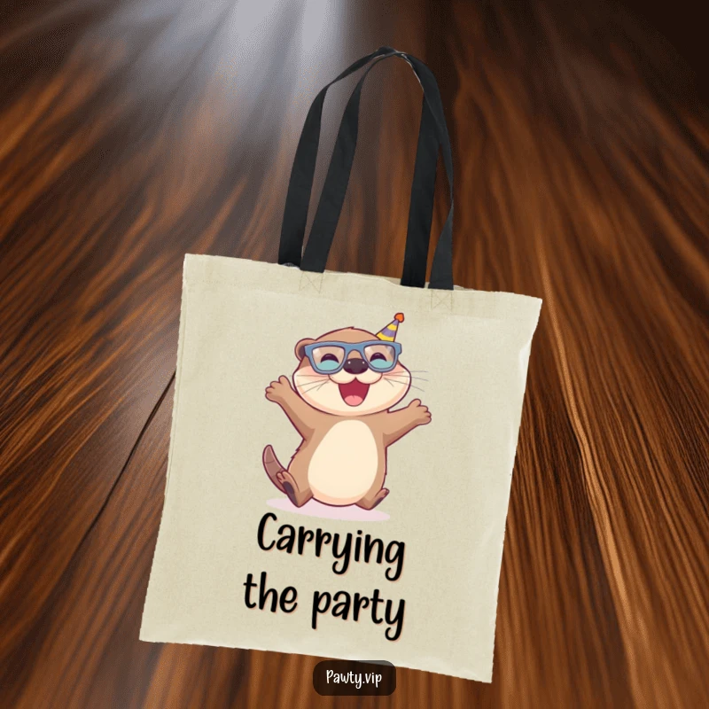 Funny Otter Tote Bag with a joyful otter wearing miniature party glasses, leaping with pure excitement.