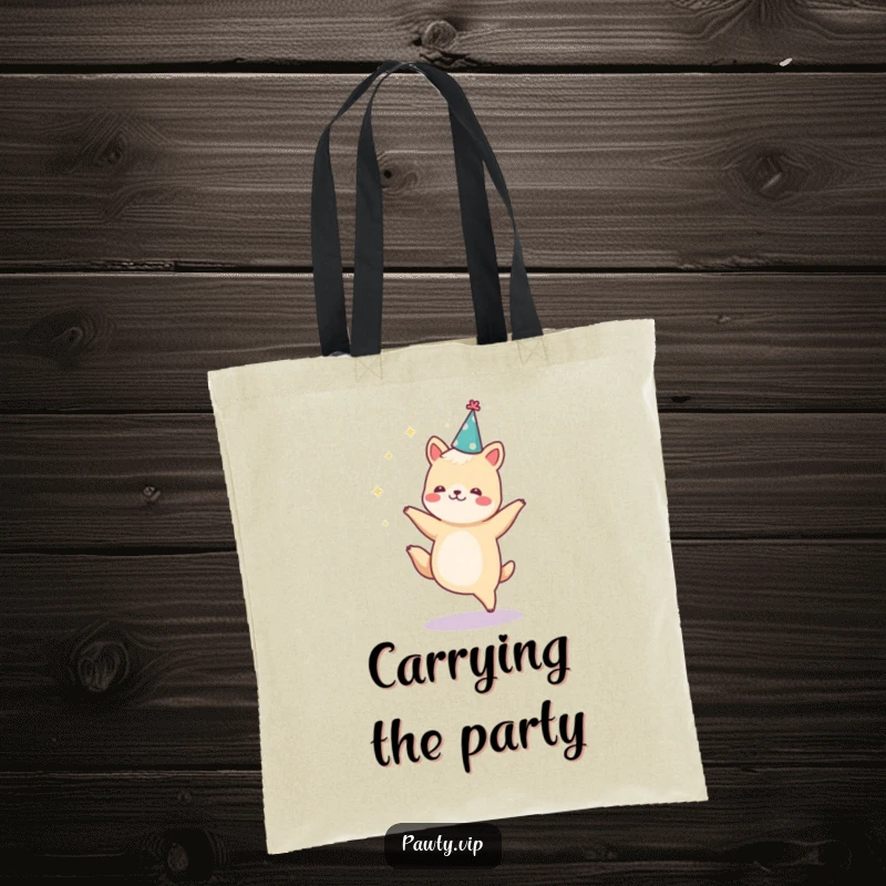 Funny animal dancing with sparkles and wearing a party hat, a vibrant and funny tote bag.