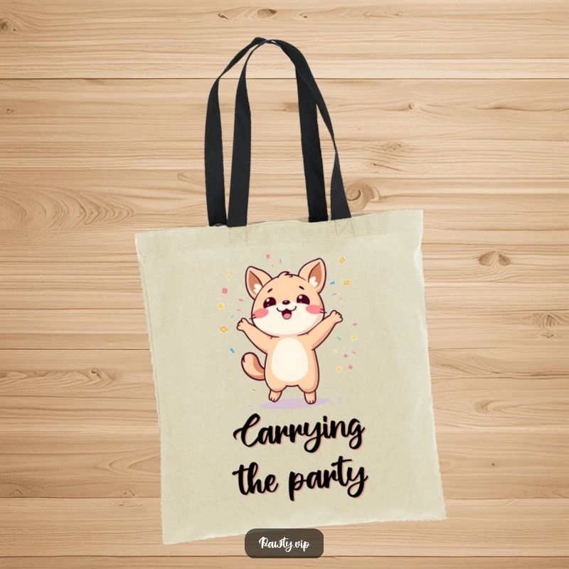 Funny kawaii animal character dancing with confetti, ready for a party on a funny tote bag.