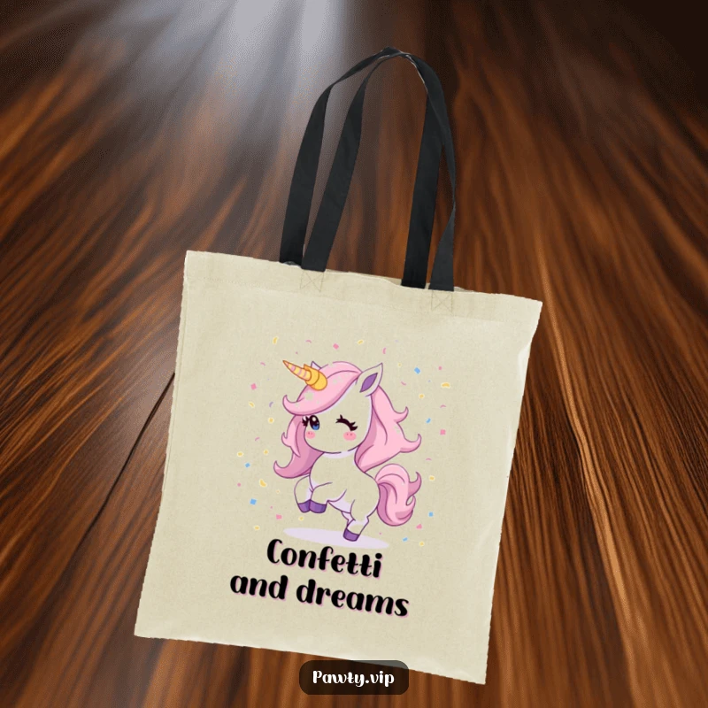 Funny Kawaii unicorn tote bag showcasing a shimmering mane dancing energetically in a confetti-filled scene, perfect for magical errands.
