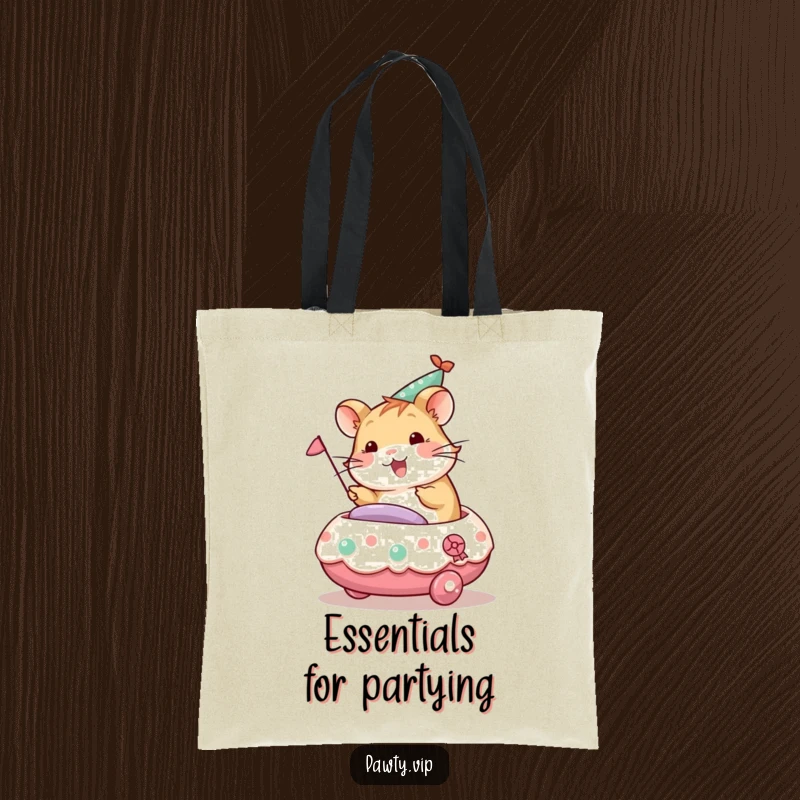 Funny hamster character riding a tiny decorated party float, a humorous and practical tote bag for festive outings.