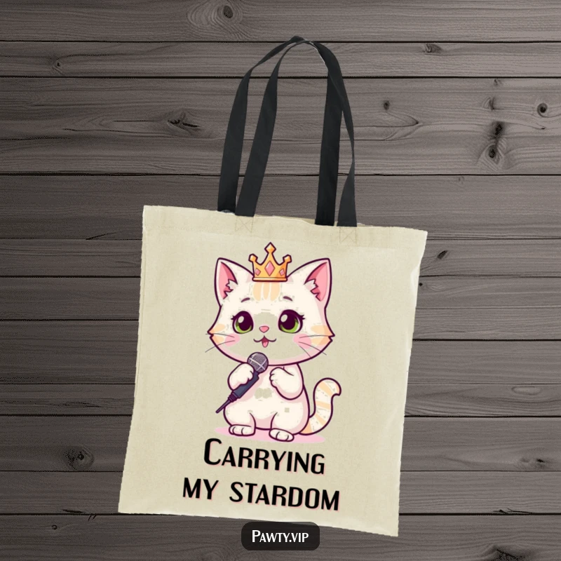 Funny Cat Tote Bag showcasing a crowned cat with a microphone, ideal for carrying essentials with star quality.