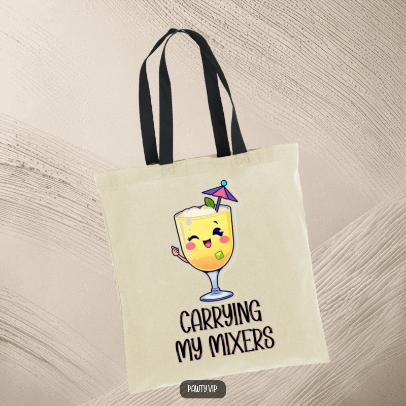 Funny happy cocktail drink character tote bag winking with a tiny umbrella, ideal for carrying party essentials.