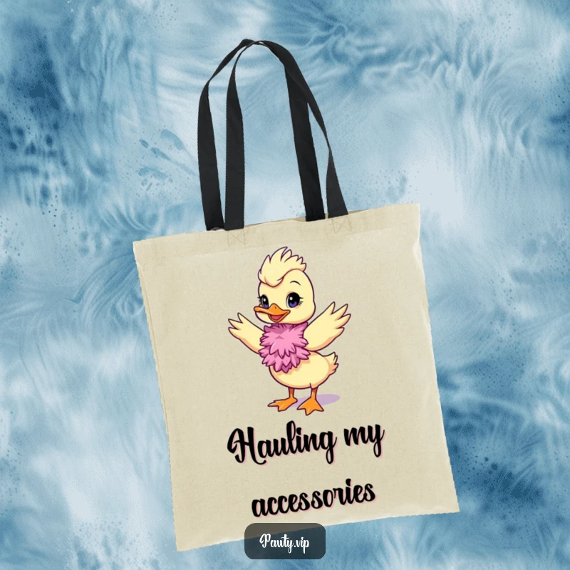 Funny duck diva tote bag with a feather boa, ideal for carrying essentials with humorous glamour.