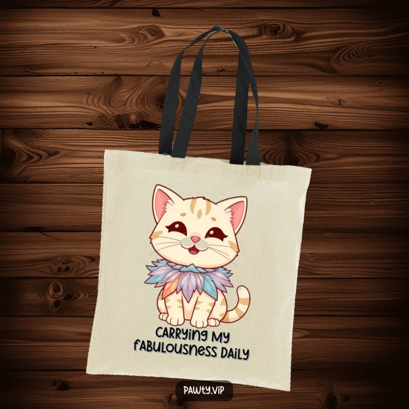 Funny tote bag featuring a giggling cat character humorously flaunting a tiny, flamboyant feather boa necklace, ready for errands.