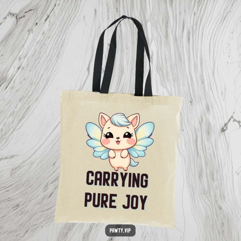 Funny Tote Bag featuring a happy animal with shimmering glittery wings, captured mid-flutter with pure joy. Practical and whimsical accessory.