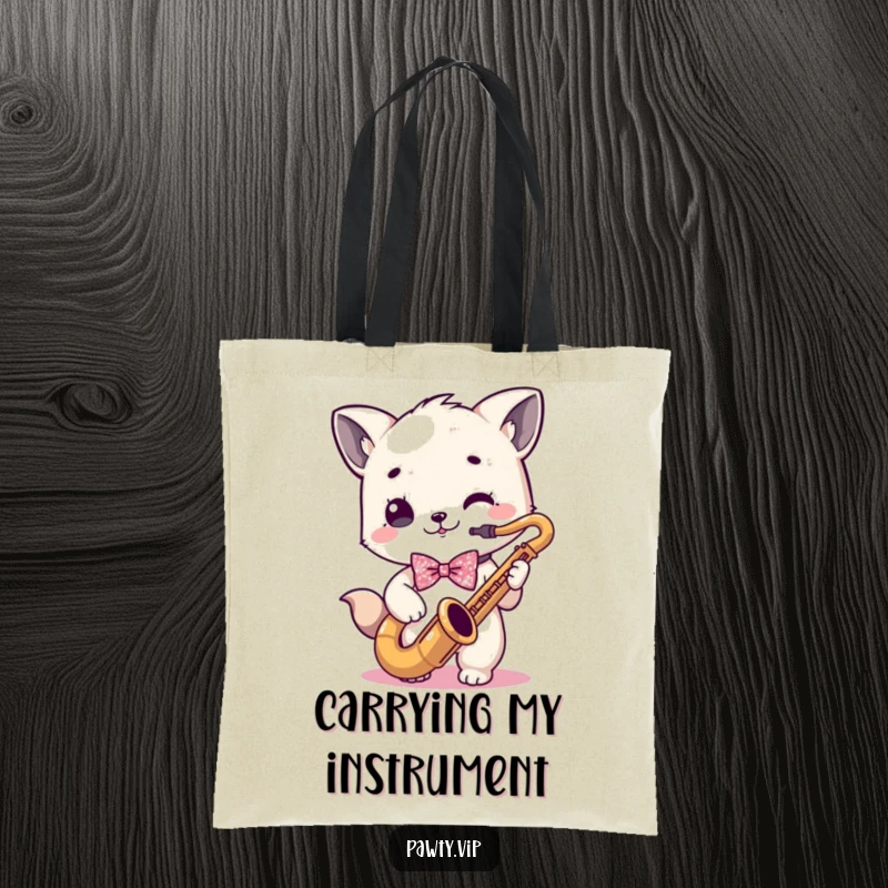 Funny kawaii animal character in a sparkly bowtie playing a saxophone, ready for music on a funny tote bag.