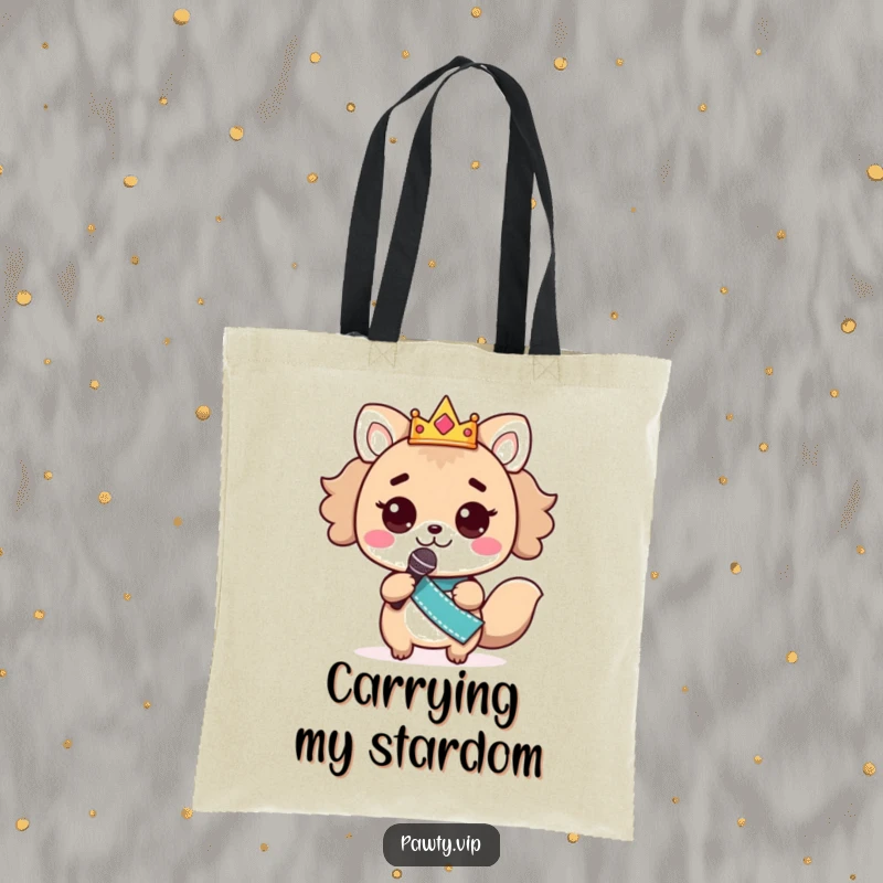 Funny kawaii animal star character with crown and sash, clutching a microphone, perfect for a funny tote bag.