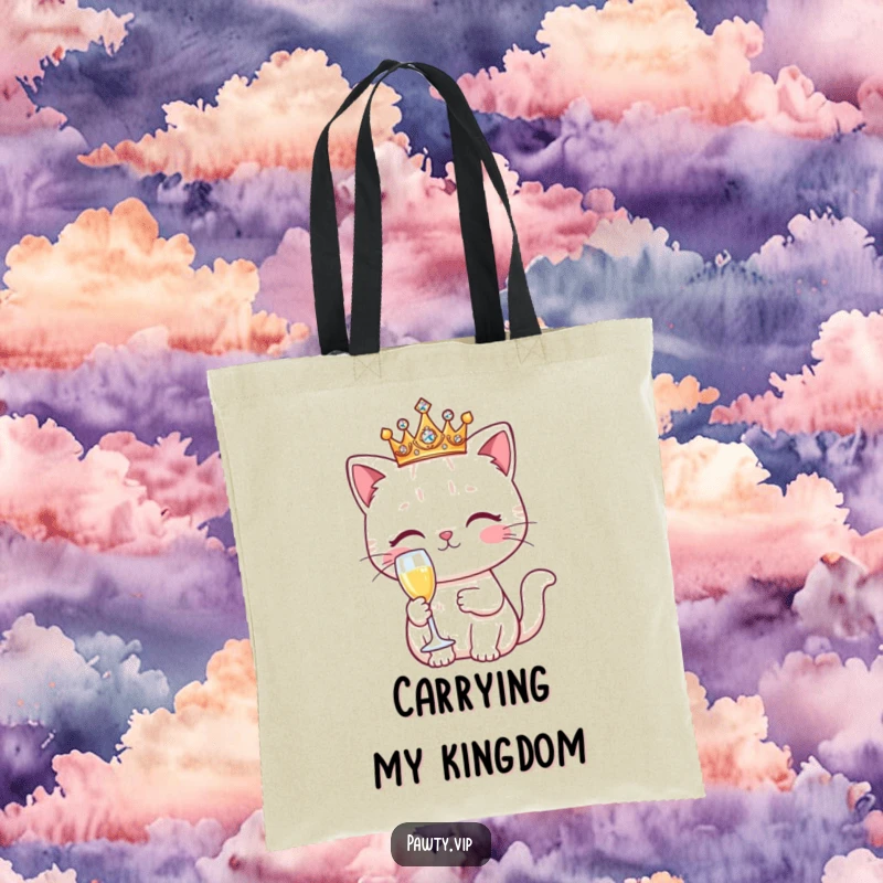 Funny Kawaii cat wearing a sparkling crown and holding a champagne flute, featured on a durable and stylish tote bag.