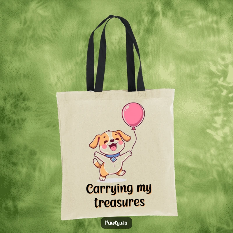 Funny Kawaii dog wearing a diamond collar, jumping excitedly for a balloon, featured on a durable and stylish tote bag.