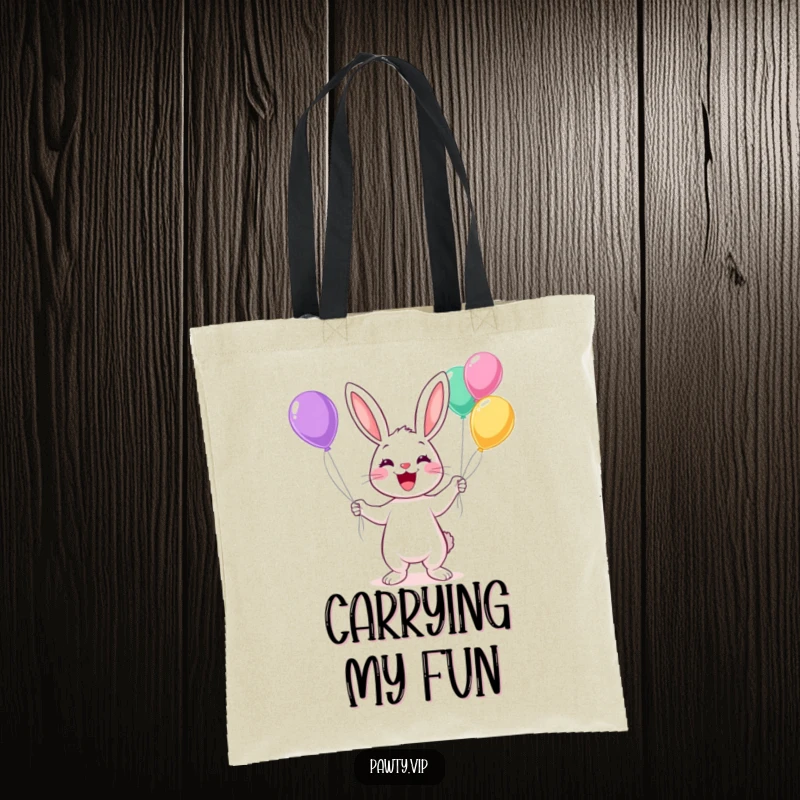 Funny Kawaii rabbit juggling colorful balloons with a wide grin on a tote bag, great for shopping.