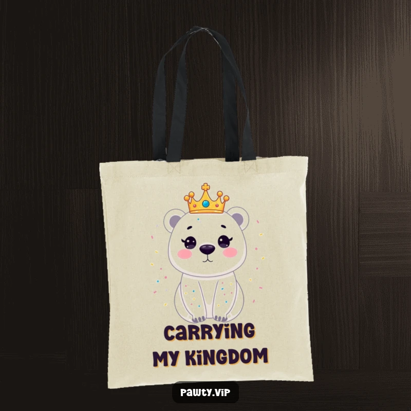 Funny tote bag featuring a dazzling polar bear wearing a crown, sparkling with confetti, perfect for adding a festive flair to everyday use.