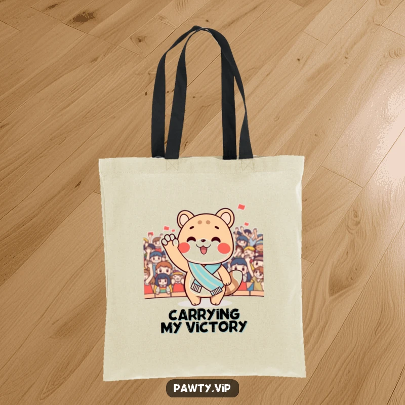 Funny Tote Bag showcasing a cute animal with a miniature sash, waving graciously at a cheering crowd. Practical and humorous accessory for champions.
