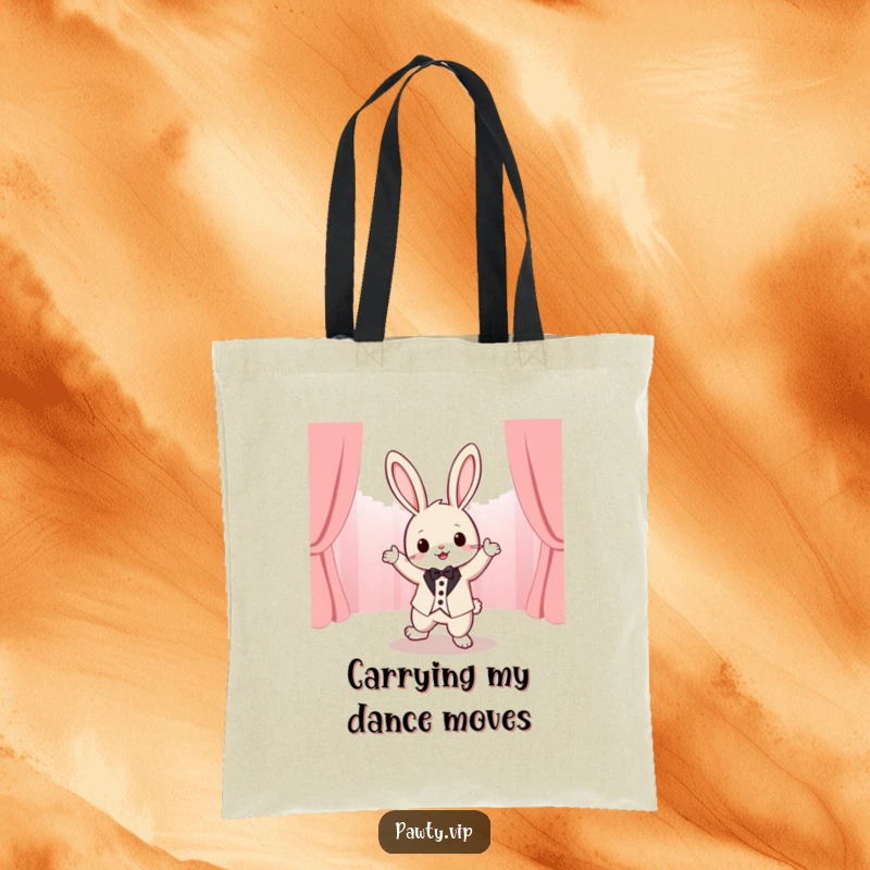 Funny tuxedo rabbit character dancing energetically on a stage, featured on a sturdy tote bag for a humorous and stylish statement.