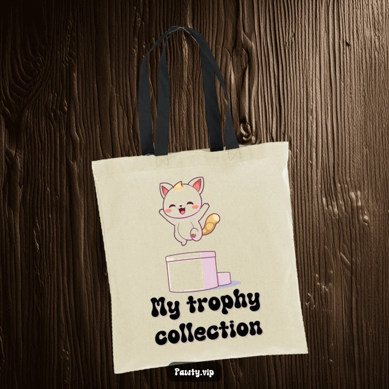 Funny kawaii animal character leaping onto a podium, striking a pose, perfect for a funny tote bag accessory.